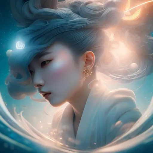 Prompt: James Jean, Keiko Takemiya, Surreal, mysterious, strange, fantastical, fantasy, Sci-fi, Japanese anime, natural history art, Age of Discovery, shell of the moon, running young maid, perfect voluminous body, detailed masterpiece depth of field cinematic lighting 