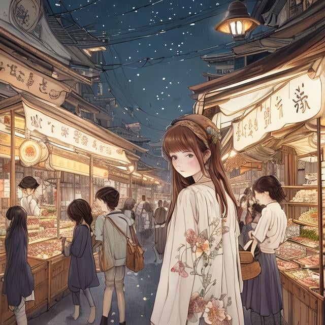 Prompt: Kate Greenaway, Adrienne Segur, masterpiece, best quality, ultra-detailed, illustration, omatsuri, food stand, 1girl, beautiful eyes, looking at viewer from behind, cowboy shot, looking back, yukata,  walking, crowd, night, lantern, festival, food, pavement, crosswalk, paper lantern, lamppost, brown hair, night sky, Japanese anime, spaceship, huge moon, surreal 