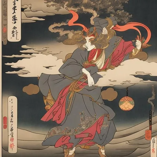 Prompt: Ukiyo-e style Sulamith Wülfing, Masamune Shirow, Anime Surreal Mysterious Weird Fantastic Fantasy Sci-fi Fantasy Gather and be confused Look at my fingers Bullet of light, eight bodies, Kujo, Tenkyo, treasure, large ring, gray turret Draw a bow In the distance, it disappears as a scar