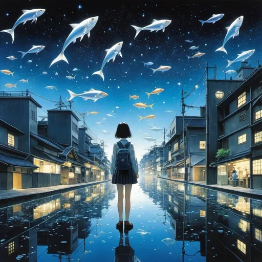 Prompt: Shigeru Tamura, Yuji Kamosawa, Hiroshi Masumura, François-Louis Schmied, Jiří Trnka, Surrealism, wonder, bizarre, bizarre, fantasy, science fiction, Japanese anime, city of liquid glass, silent vision, fish swimming in the night, world of transparent stars, miniskirt beautiful high school girl, perfect voluminous body, detailed masterpiece 