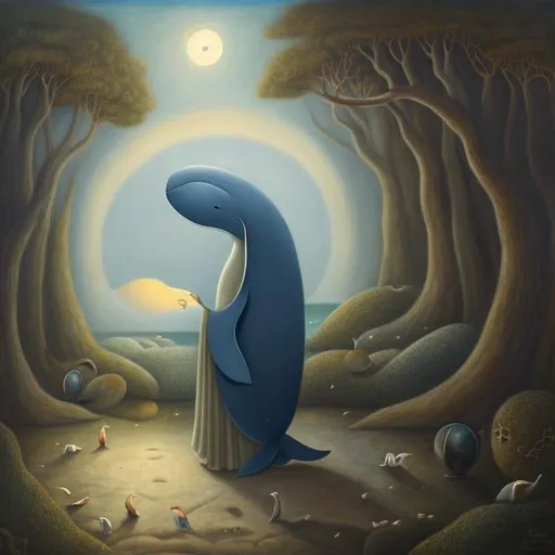 Prompt: Leonora Carrington,  Mabel Lucie Attwell, moon sleeping in basement, a girl wondering looking for her fate, whale beach, orb, detailed, high quality, high resolution, high definition, masterpiece 