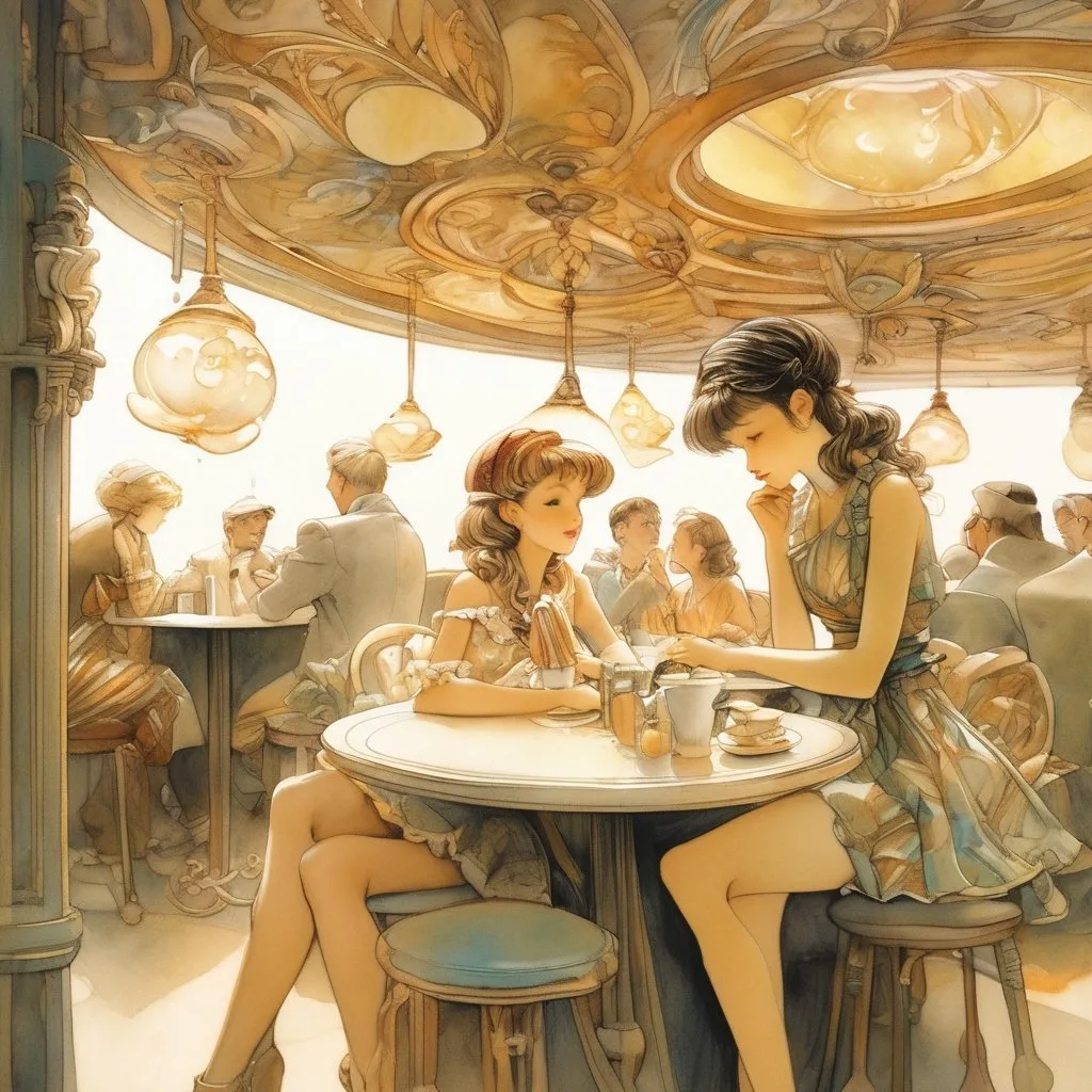 Prompt: Tony DiTerlizzi, Achille Mauzan, Surreal, mysterious, strange, fantastical, fantasy, Sci-fi, Japanese anime, invisible years, the shell of Jupiter, the miniskirt beautiful girl in the cafe, perfect voluminous body, detailed masterpiece 