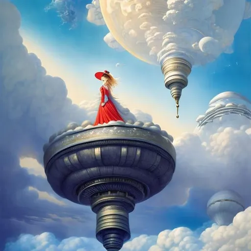 Prompt: Margaret Tarrant, François Schuiten, Japanese anime, Mysterious Fantasy Strange Fantasy Sci-fi Spiral staircase in the air Ammonite moon Airship Smiling girl above the clouds, hyper detailed high resolution high definition high quality masterpiece 