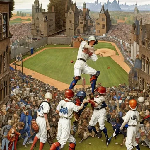 Prompt: Eleanor Fortescue-Brickdale, Anton Pieck, animesque　surreal　fanciful　wondrous　strange　Whimsical　Sci-Fi Fantasy　Of the Baseball　A town where people fall from the sky　Rescue team hitting it back with a bat