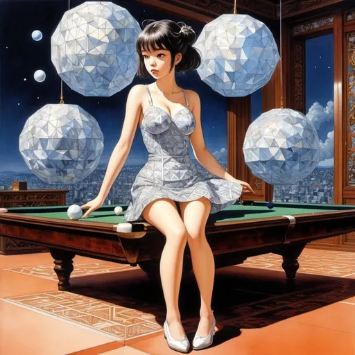 Prompt: Lilo Fromm, katsuhiro Otomo, Surreal, mysterious, strange, fantastical, fantasy, Sci-fi, Japanese anime, establishment of perspective, beautiful girl in a miniskirt dress, mysterious polyhedron from the Renaissance period, billiard, detailed masterpiece 