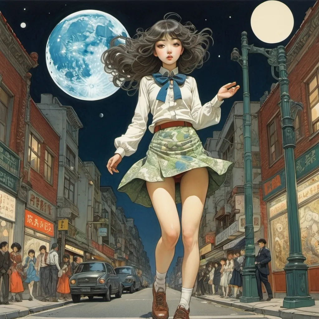 Prompt: Yuko Higuchi, Salavat Salavatov, Frank Pape, Leon Bakst, Franklin Booth, Surrealism, wonder, strange, fantastical, fantasy, Sci-fi, Japanese anime, crescent moon falling on the street corner, beautiful high school girl in a miniskirt entering the canvas, perfect voluminous body, detailed masterpiece 