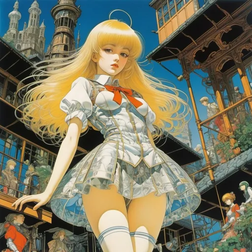 Prompt: Harry Clarke, Hans Bellmer, Unica Zürn, Masamune Shirow, Fabius von Gugel, Surrealism, strange, bizarre, fantastical, fantasy, Sci-fi, Japanese anime, garden factory to produce beautiful high school girls in miniskirts, perfect voluminous body, mechanical wonderland, detailed masterpiece low high angles perspectives