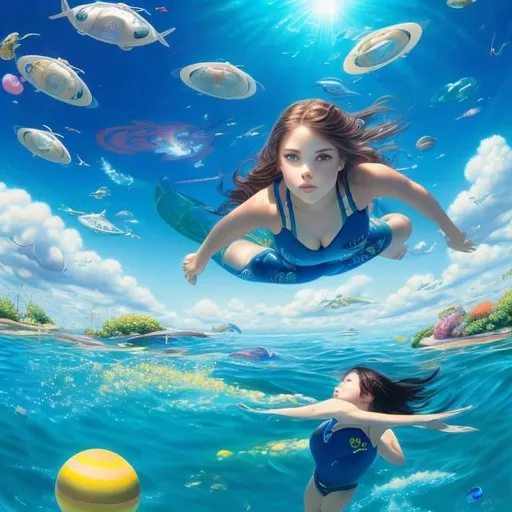 Prompt: Christian Riese Lassen, Kate Greenaway, James Jean, Japanese Anime, Surreal Mysterious Bizarre Fantastic Sci-Fi Fantasy, Solar System Sinking to the Bottom of the School Pool, School Swimsuit High School Girl,  voluminous body, Perfect Body Beautiful Girl, hyper detailed, high resolution high definition high quality masterpiece 