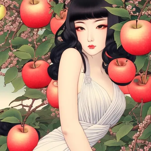 Prompt: Ukiyo-E style, Sydney Sime, Japanese anime, Katsuhiro Otomo, manga lines, Eve, solo girl, beautiful face, perfect body tight dress, under apple Tree, holding an apple, huge snake, hyperdetailed, realistic, high resolution, high quality, high definition, masterpiece 