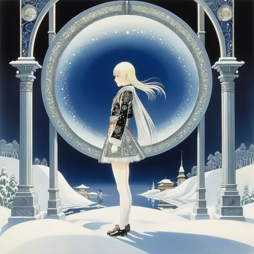 Prompt: Kay Nielsen, Gary Chalk full colours, Surreal, mysterious, strange, fantastical, fantasy, Sci-fi, Japanese anime, winter mirror, station square, beautiful high school girl in a miniskirt, perfect voluminous body, detailed masterpiece 
