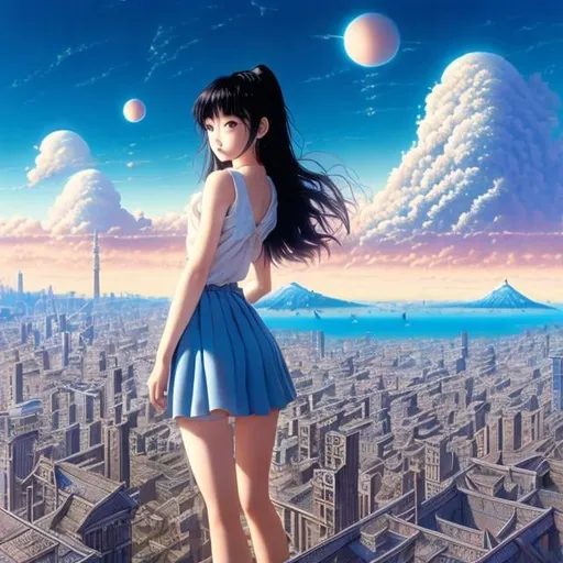 Prompt: Hiroshi Masumura, Nicola Bayley, Surreal, mysterious, bizarre, fantastical, fantasy, sci-fi, Japanese anime. Is there one world or multiple? Conceived along the vertical axis of heaven and hell. Multiple expansions in different dimensions. A beautiful miniskirt high school girl at the center of the vision of the world, detailed masterpiece 