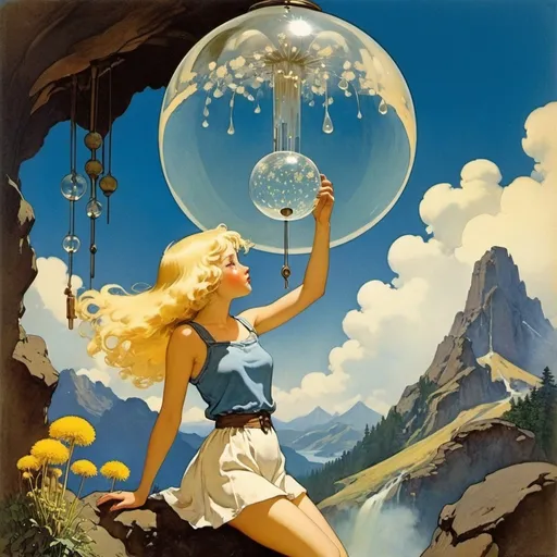 Prompt: Gustaf Tenggren, Maxfield Parrish, Surreal, mysterious, strange, fantastical, fantasy, Sci-fi, Japanese anime, liquid glass volcano, wind chime dandelion, blonde miniskirt beautiful girl Alice, perfect voluminous body, detailed masterpiece 