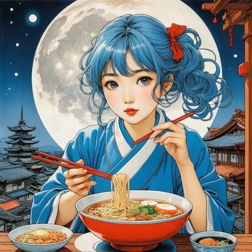 Prompt: Katsuhiro Otomo, keiko Takemiya, Arthur Rackham, George Barbier, Surrealism Mysterious Strange Fantastic Fantasy Sci-fi Fantasy Anime Ramen shop happy Beautiful girl in Santa cosplay eating ramen Blue night sky, full moon, galaxy Detailed masterpiece hand coloured line drawings angles perspectives 