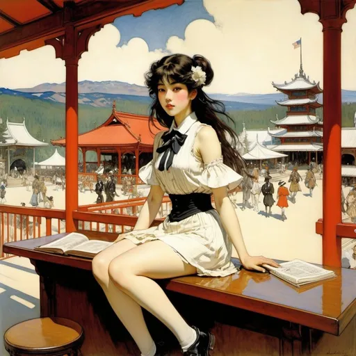 Prompt: Jessie M. King, Frederic Remington, Edwin Austin Abbey, Edward Penfield, Arthur Rackham, Surrealism, strange, bizarre, fantastical, fantasy, Sci-fi, Japanese anime, amusement park on the study desk, beautiful high school girl in a miniskirt who wanders into it, perfect voluminous body, detailed masterpiece 