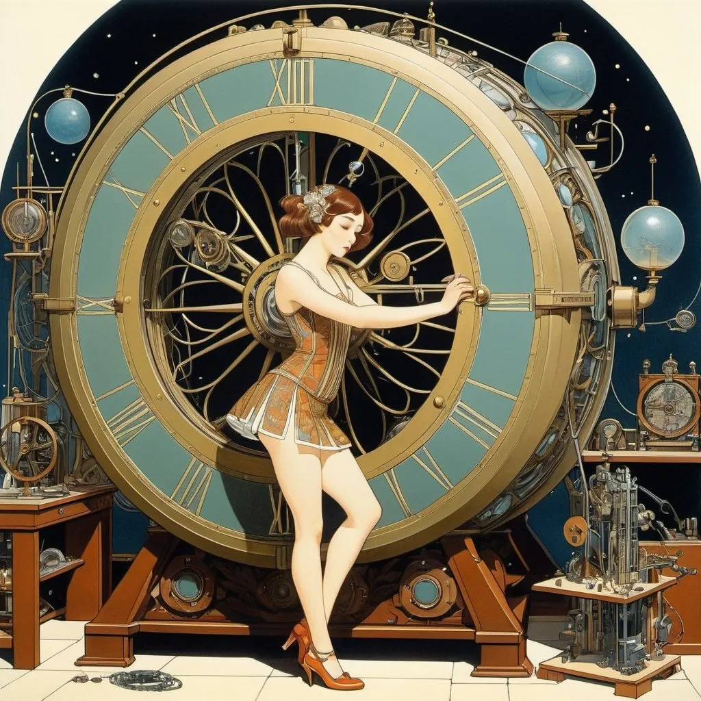 Prompt: George Barbier, Richard Dadd, Surreal, mysterious, strange, fantastical, fantasy, Sci-fi, Japanese anime, spherical time machine repair shop, miniskirt beautiful girl engineer who repairs the time machine, perfect voluminous body, detailed masterpiece 