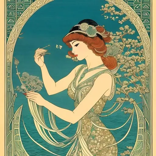 Prompt: Woodblock print, Walter Crane, Helen nyce, Art Deco style, Japanese Anime, Surreal Mysterious Strange Fantastic Fantasy Sci-fi, Beautiful girl perfect body, Queen's eyes, Chemistry, botany, zoology, physics, Falling moon, detailed masterpiece 