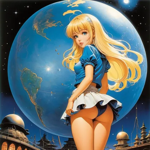 Prompt: Buichi Terasawa, Jean Giraud, Surreal, mysterious, strange, fantastical, fantasy, Sci-fi, Japanese anime, celestial globe in the darkness, rotating microcosm, blonde miniskirt beautiful girl Alice, perfect voluminous body, detailed masterpiece 