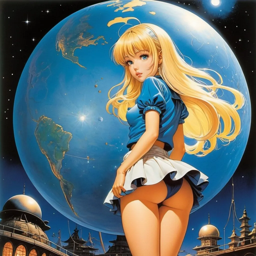 Prompt: Buichi Terasawa, Jean Giraud, Surreal, mysterious, strange, fantastical, fantasy, Sci-fi, Japanese anime, celestial globe in the darkness, rotating microcosm, blonde miniskirt beautiful girl Alice, perfect voluminous body, detailed masterpiece 