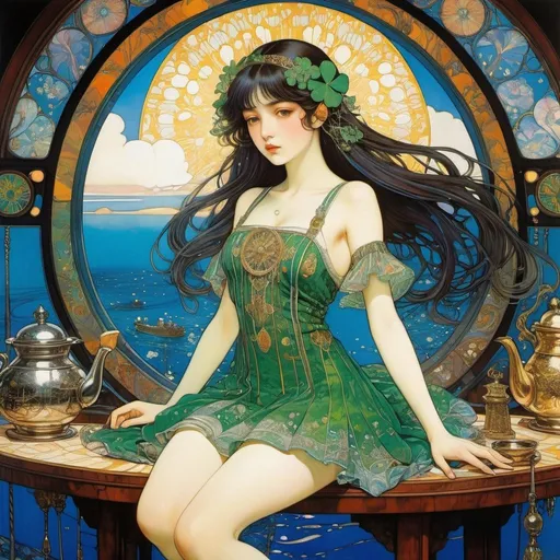 Prompt: Harry Clarke, Alphonse Mucha, Josephine Wall, Pierre Roy, Tachibana Higuchi, Surrealism, wonder, strange, bizarre, fantasy, Sci-fi, Japanese anime, beautiful high school girl in a miniskirt weaving sunlight, perfect voluminous body, Shamrock Tea, submarines and insomnia, detailed masterpiece 