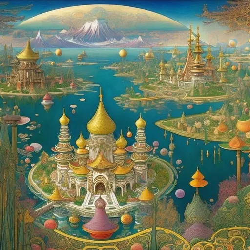 Prompt: Ivan Bilibin, Richard Dadd, surreal, mysterious, strange, fantastical, fantasy, Sci-fi, Japanese anime, or the sea of ​​bubble tea, dreams and madness, journey through the fantasy world, palace architecture, Isis, detailed masterpiece 