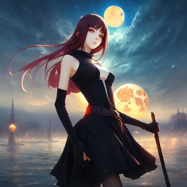 Prompt: Ichigo Takano, Marc Simonetti, Surreal, mysterious, bizarre, fantastical, fantasy, Sci-fi, Japanese anime, full moon night, unbalanced zone, whiplash, eternal life, magic, vampires, inquisition, twin romance, miniskirt beautiful girl who escapes, perfect voluminous body, detailed masterpiece 