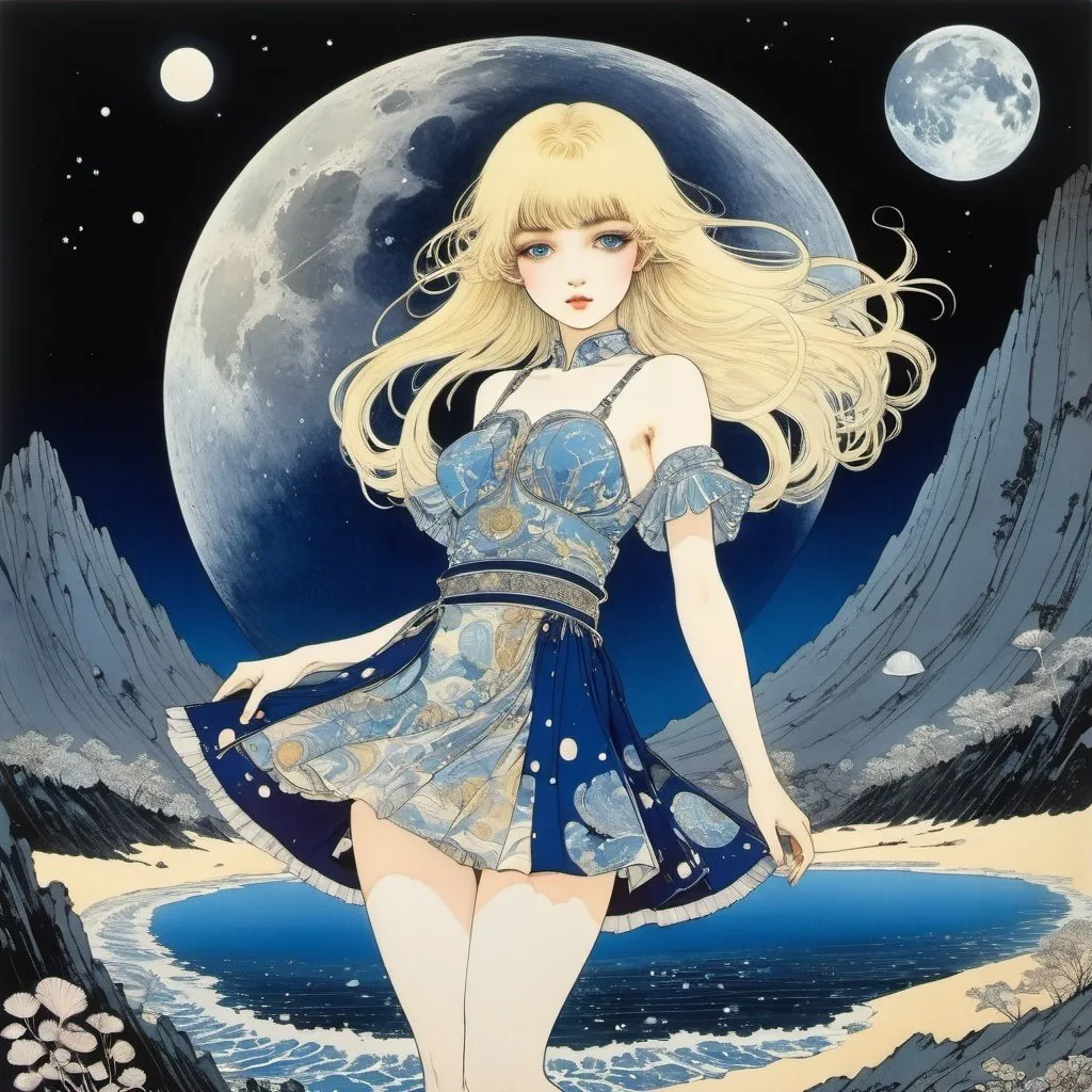 Prompt: Harry Clarke, Hiroshi Masumura, futuristic Hokusai Katsushika, Surreal, mysterious, strange, fantastical, fantasy, Sci-fi, Japanese anime, the moon walking on the earth, the galaxy in the darkness, collecting seashells, blonde miniskirt beautiful girl Alice, perfect voluminous body, detailed masterpiece 