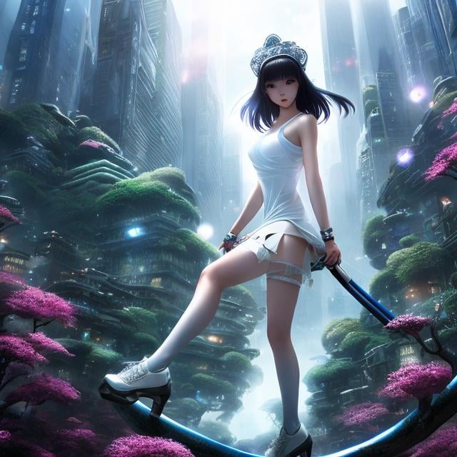 Prompt: Eliza Wheeler, Yoshitaka Amano, Surreal, mysterious, strange, fantastical, fantasy, Sci-fi, Japanese anime, miniskirt beautiful girl on a unicycle, perfect body, lost city, cracked diamond, detailed masterpiece 