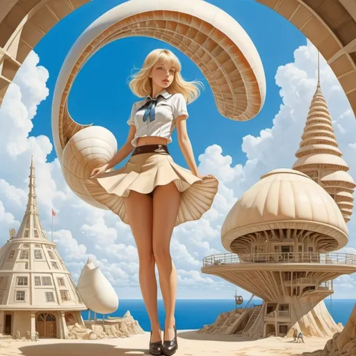 Prompt: Minoru Nomata, René Follet, Jane Graverol, Surrealism, wonder, strange, fantastical, fantasy, Sci-fi, Japanese anime, conch shell blueprints, 3D perspective, cross-section drawings, natural history architectural illustrations, blonde miniskirt beautiful girl Alice, perfect voluminous body, detailed masterpiece low high angles