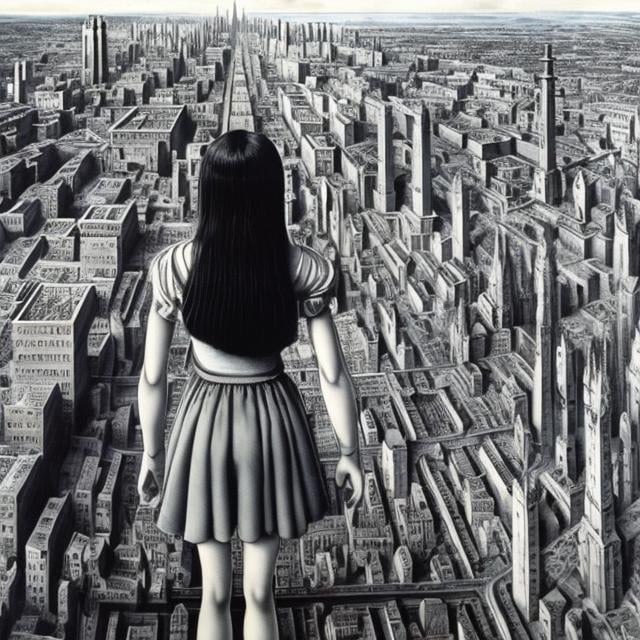 Prompt: Paul Delvaux, shuho itahadhi, Surreal, mysterious, strange, fantastical, fantasy, Sci-fi, Japanese anime, miniskirt beautiful girl who loves machines, futuristic architecture, perspective, perspective drawing, movement of the vanishing points, perspectives bird’s eye view angles, detailed masterpiece 