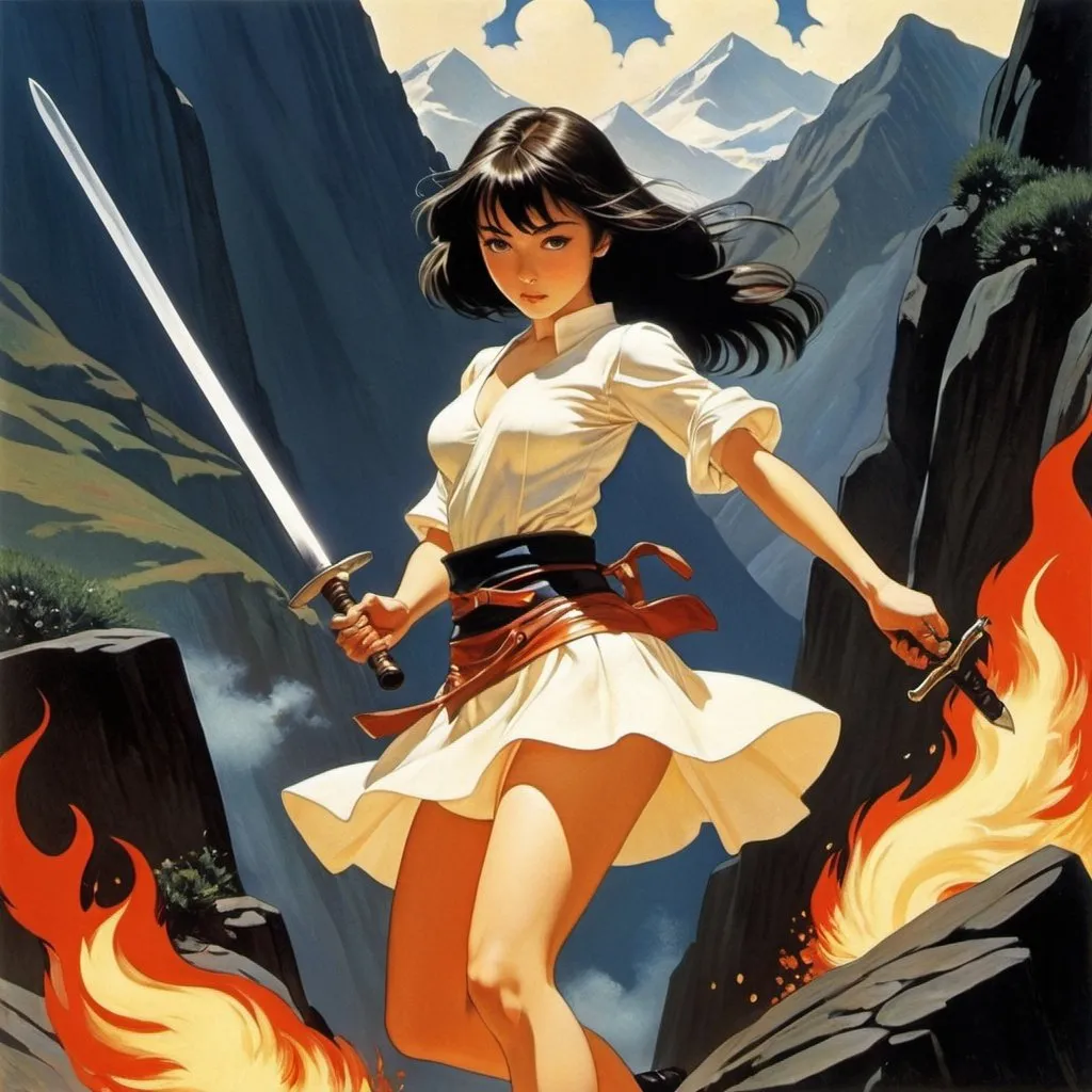 Prompt: Emma Rendel, Åsa Ekström, Merwan Chabane, Koloman Moser, Surrealism, mysterious, bizarre, fantastical, fantasy, Sci-fi, Japanese anime, beating the flames, miniskirt beautiful girl swordsmith, perfect voluminous body, sword that can cut through mountains, detailed masterpiece 