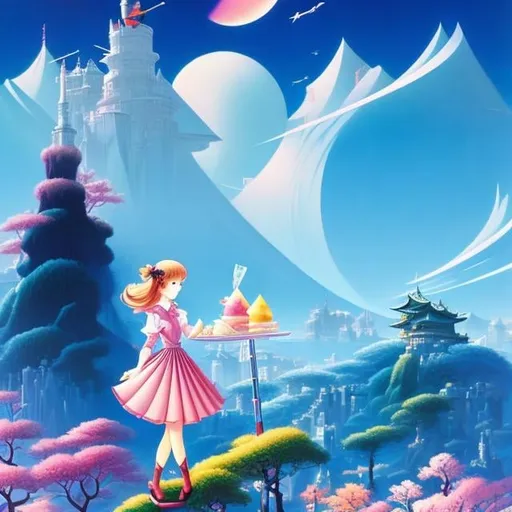 Prompt: Margaret Tarrant, Mary Blair, Eyvind Earle, Japanese Anime, Surreal Mysterious Weird Fantastic Sci-Fi Fantasy, A giant pudding parfait as tall as a building, a miniskirt high school girl is climbing into the parfait using a ladder, beautiful perfect body, she likes sweets, masterpiece detailed