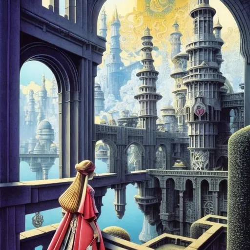 Prompt: M c Escher full colours, Charles Robinson, Surreal, mysterious, strange, fantastical, fantasy, Sci-fi, Japanese anime, a machine called labyrinth, a tower that rises, a beautiful girl in a miniskirt in perspective, detailed masterpiece 