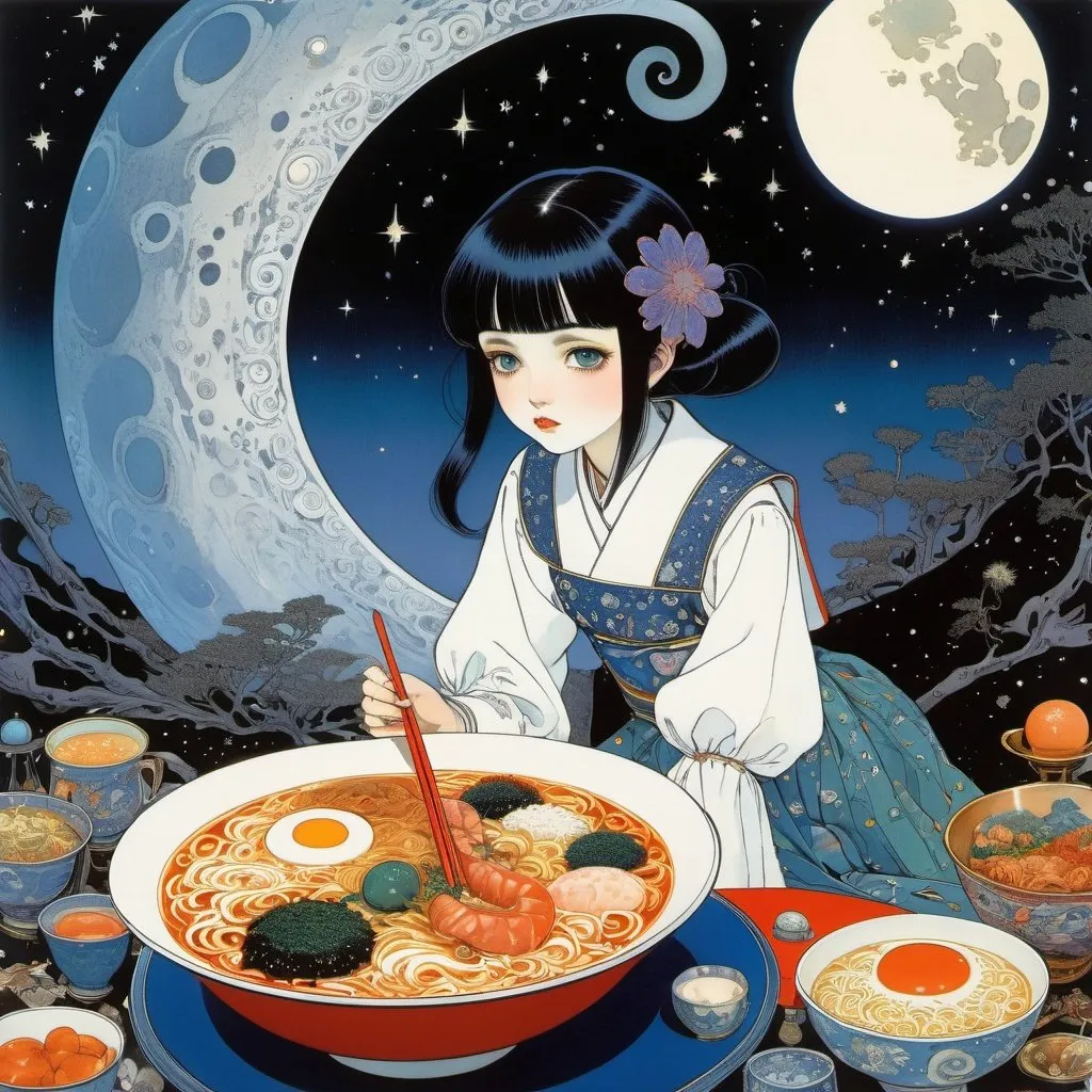 Prompt: Harry Clarke, Mabel Attwell, Maurice Sendak, Heikala, Surreal, mysterious, bizarre, fantastical, fantasy, Sci-fi, Japanese anime, Ramen stall on the moon, Beautiful high school girl in a miniskirt loves ramen, perfect voluminous body, An octopus-shaped Martian also came to eat ramen, Galaxy Nebula, detailed masterpiece 