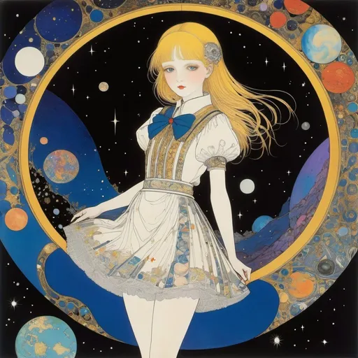 Prompt: Harry Clarke, George E Hughes, Surreal, mysterious, strange, fantastical, fantasy, Sci-fi, Japanese anime, the transformation of objects and the third world, the galaxy in the stone, the memory of the solar system sleeps deep within the earth, the beautiful blonde miniskirt girl Alice, perfect voluminous body, detailed masterpiece 