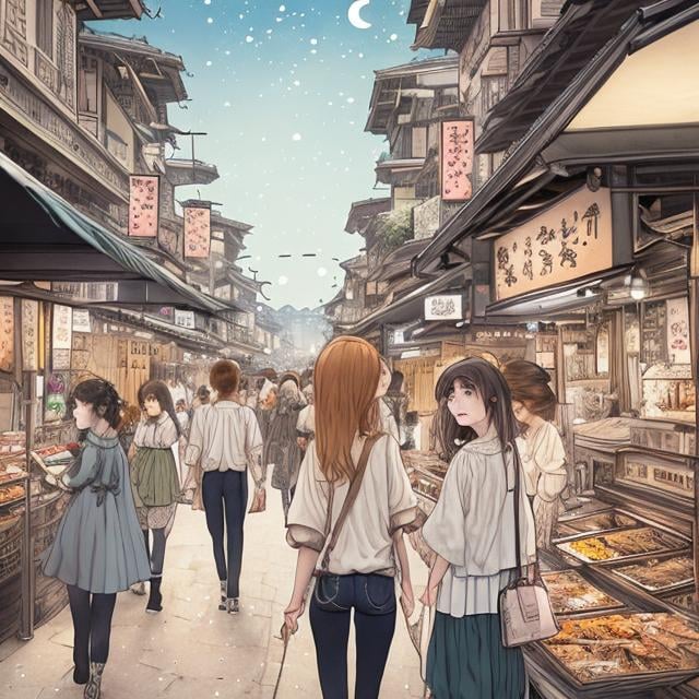 Prompt: Kate Greenaway, Adrienne Segur, masterpiece, best quality, ultra-detailed, illustration, omatsuri, food stand, 1girl, beautiful eyes, looking at viewer from behind, cowboy shot, looking back, yukata,  walking, crowd, night, lantern, festival, food, pavement, crosswalk, paper lantern, lamppost, brown hair, night sky, Japanese anime, spaceship, huge moon, surreal 