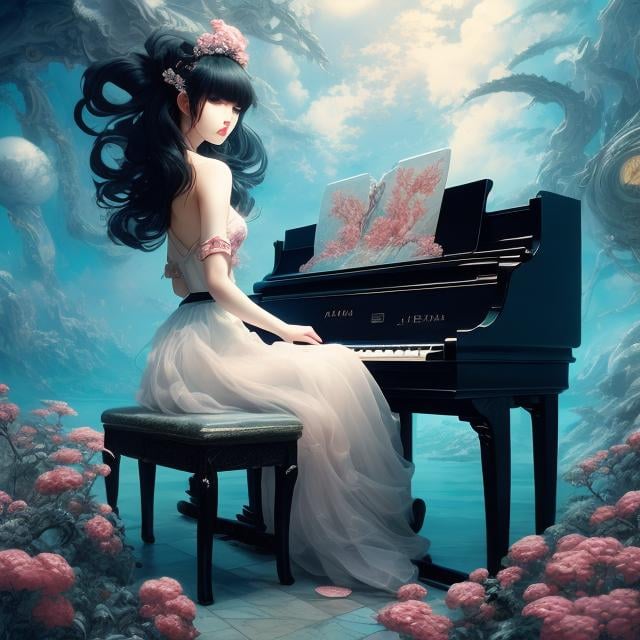 Prompt: James Jean, Akira Amano, Surreal, mysterious, strange, fantastical, fantasy, Sci-fi, detailed anime, mechanical theater, beautiful girl in a miniskirt dress playing the grand piano, perfect body, dancing notes, dynamism, falling moonlight, detailed masterpiece 