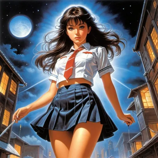 Prompt: Earl Steffa Moran, Jeff Easley, Surreal, mysterious, strange, fantastical, fantasy, Sci-fi, Japanese anime, contradictory events, sewing together separated destinies, my body stained with light and immersed in darkness, beautiful high school girl in a miniskirt, perfect voluminous body, detailed masterpiece 