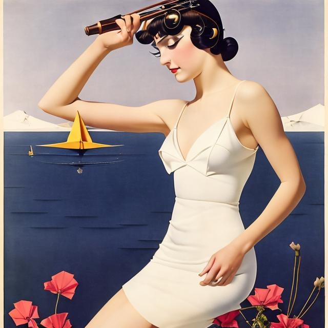 Prompt: Coles Phillips, Charles Martin, Surreal, mysterious, strange, fantastical, fantasy, Sci-fi, Japanese anime, sleepwalking orchestra, origami and mathematics, miniskirt beautiful girl, perfect voluminous body, detailed masterpiece 