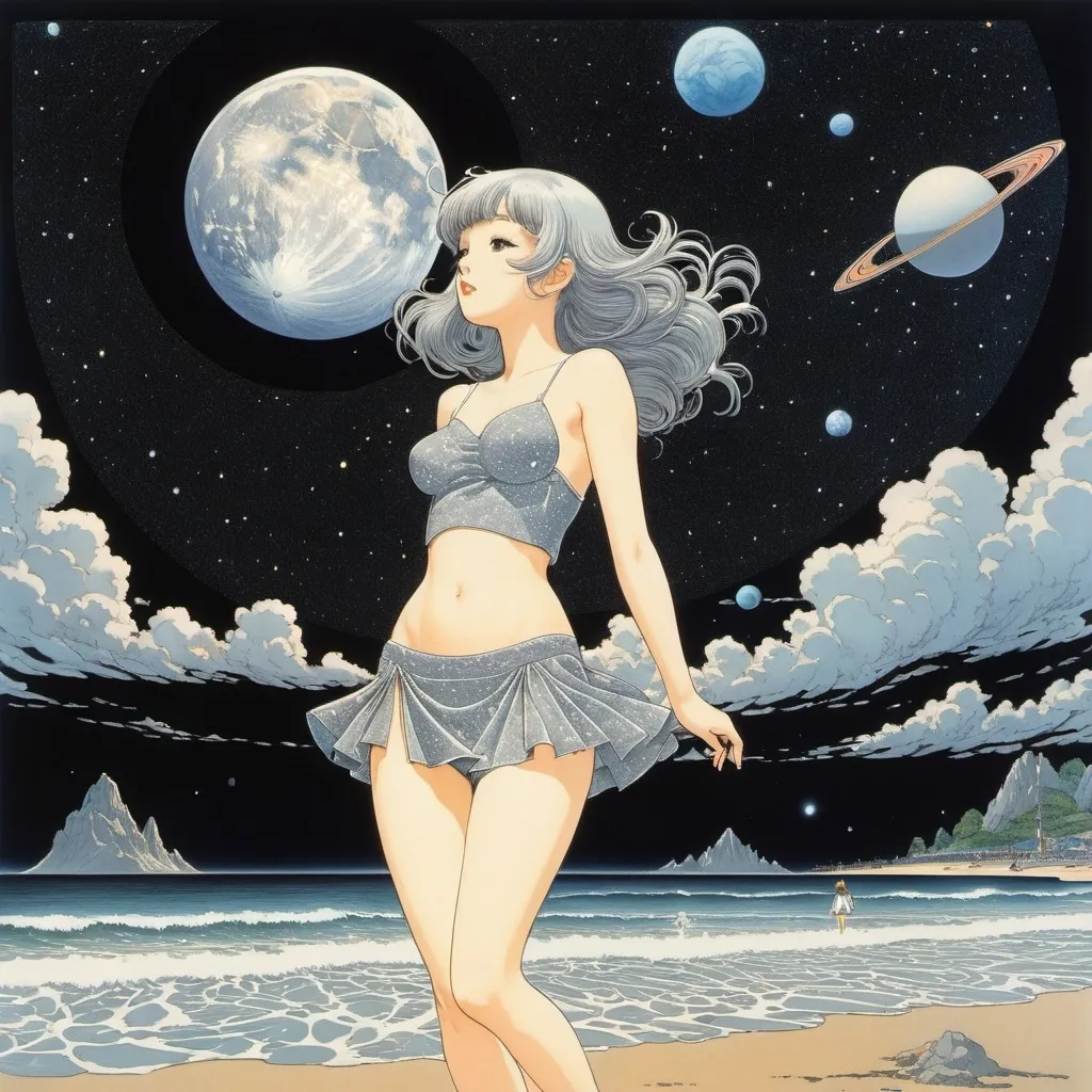 Prompt: George Barbier, Al Brule, Yuu Watase, Katsuhiro Otomo, Miki Katoh, Surrealism, wonder, strange, bizarre, fantasy, Sci-fi, Japanese anime, night flow with swirling gray nebula, planetary dust lying on the beach and a beautiful high school girl in a miniskirt, perfect voluminous body, detailed masterpiece 