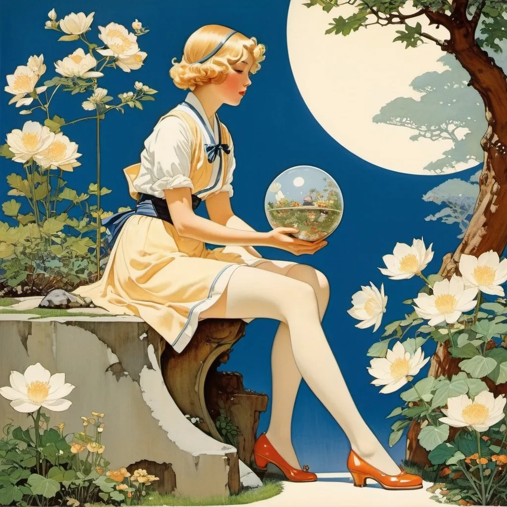 Prompt: Norman Rockwell, Virginia Frances Sterrett, Coles Phillips, Anne Anderson, Margaret Tarrant, katsuhiro Otomo, Surrealism Mysterious Weird Fantastic Fantasy Sci-fi, Japanese Anime, Miniature Garden Sports Day Blonde Bloomers Beautiful Girl Alice, perfect voluminous body, Blueprint, detailed masterpiece 