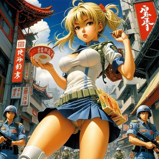 Prompt: Masamune Shirow, Katsuhiro Otomo, Ron Walotsky, Surrealism Mysterious Bizarre Fantastic Fantasy Sci-Fi, Japanese Anime, Ramen War, Miniskirt Beautiful High School Girl Soldiers Love Noodles, perfect voluminous body, You Can't Fight If You're Hungry, detailed masterpiece low high angles perspectives 