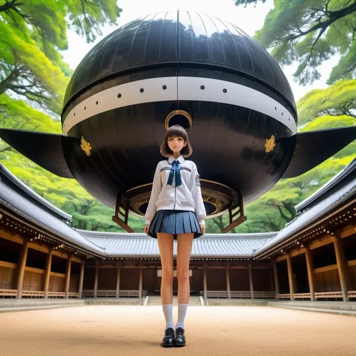 Prompt: Jakub Różalski, A E Marty, Surreal, mysterious, strange, fantastical, fantasy, Sci-fi, Japanese anime, spaceship at Meiji Shrine, encounter with the unknown, miniskirt beautiful high school girl, perfect voluminous body, detailed masterpiece 