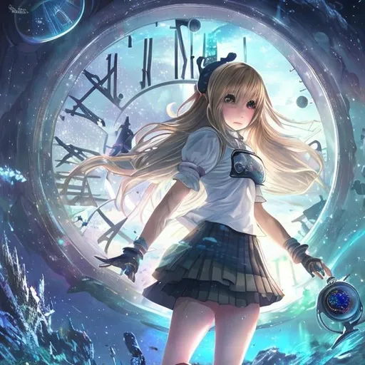 Prompt: Barbara Cooney, Kate Greenaway, Anne Anderson, Japanese anime Sci-Fi Fantasy　Miniskirt schoolgirl　A castle between time and space　Large Clock　Waterfall cascading into the void　cosmic space　ocean moon rainbow detailed definition resolution high quality masterpiece