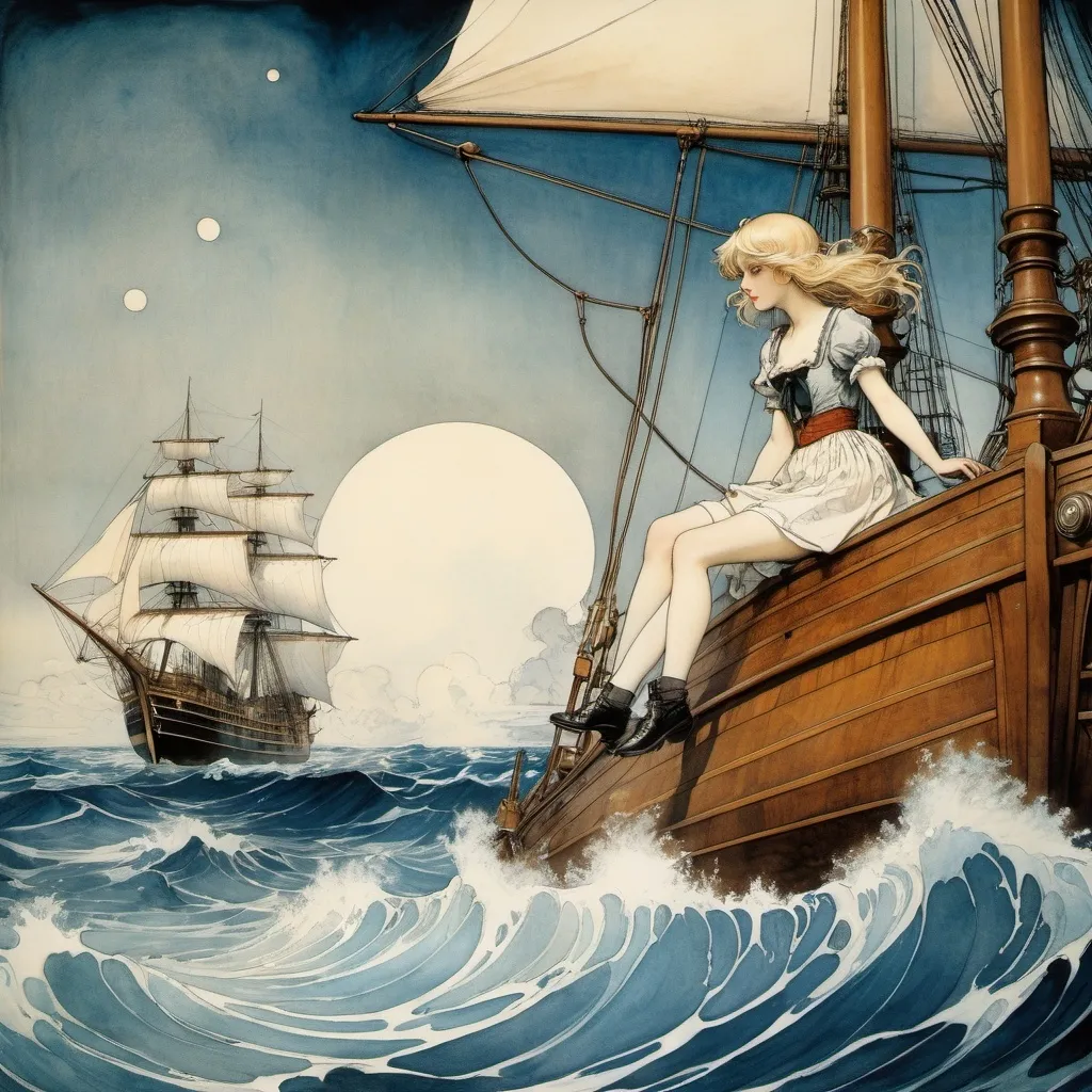 Prompt: Arthur Rackham, Galileo Chini, Yuu Watase, Heath Robinson, Robert Anning Bell, Surrealism, strange, bizarre, fantastical, fantasy, Sci-fi, Japanese anime, beautiful blonde miniskirt girl Alice in the nautical chart, perfect voluminous body, sailing ship in the paper ocean, jumping whale, detailed masterpiece 