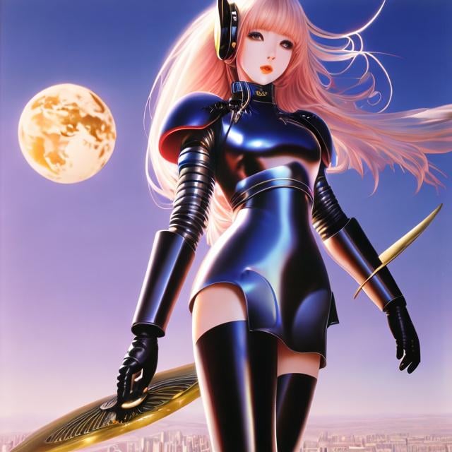 Prompt: Yuu Watase, Rowena Morrill, Surreal, mysterious, strange, fantastical, fantasy, Sci-fi, Japanese anime, Tokyo city, miniskirt pretty girl fighting against Martians, Earth Defense Force, beautiful girl in skintight armored suit, perfect voluminous body close combat, dynamism, detailed masterpiece 