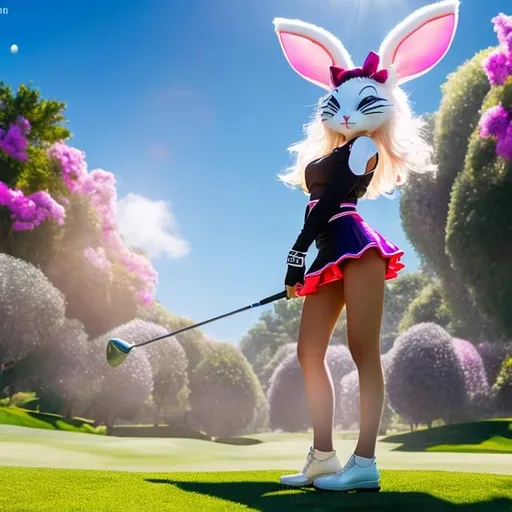 Prompt: A E Jackson, Nick Hewetson, Lola Anglada, Surreal, mysterious, bizarre, fantastical, fantasy, Sci-fi fantasy, anime, beautiful blonde miniskirt girl Alice participates in a golf tournament, perfect body, other players include the Queen of Hearts, the White Rabbit wearing a bipedal vest, and the Cheshire cat, Alice. With the swing, the golf ball flies like a bullet and makes a hole-in-one.Everyone is surprised.Alice jumps for joy.Dynamic, festive, blue sky, mushroom forest and castle in the background, detailedSurreal, mysterious, bizarre, fantastical, fantasy, Sci-fi, Japanese anime, beautiful blonde miniskirt girl Alice participates in a golf tournament, perfect voluminous body, other players include the Queen of Hearts, the White Rabbit wearing a bipedal vest, and the Cheshire cat, Alice. With the swing, the golf ball flies like a bullet and makes a hole-in-one, Everyone is surprised, Alice jumps with  joy, Dynamic, festive, blue sky, mushroom forest and castle in the background, detailed Masterpiece, cute had drawings colour