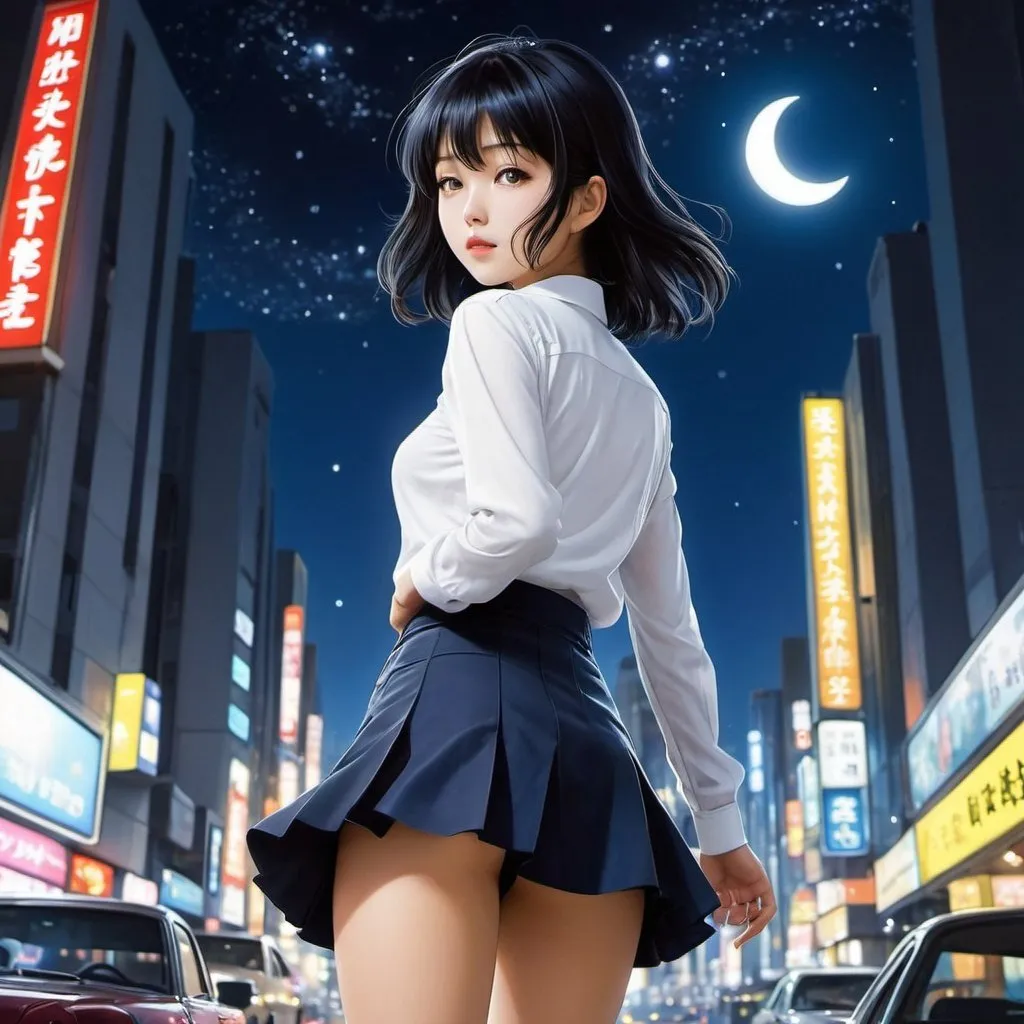 Prompt: Suzue Miuchi, Karl Korab, Surreal, mysterious, strange, fantastical, fantasy, Sci-fi, Japanese anime, city in the palm of your hand, crescent moon, night sleepwalking miniskirt beautiful girl, perfect voluminous body, detailed masterpiece 