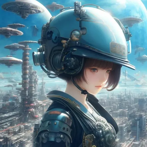 Prompt: Katsuhiro Otomo, Kate Greenaway, Margaret Tarrant, Japanese Anime, Mysterious Bizarre Fantastic Surreal Sci-fi Fantasy Proliferating Machines Machine Life Network Future City Tokyo Girl on a motorcycle, hyperdetailed high resolution high definition high quality masterpiece, girl turning head slightly to look at viewer directly