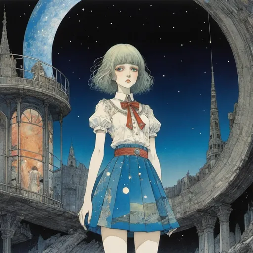 Prompt: Harry Clarke, Andrzej Mleczko, Massimo Mattioli, Franciszek Kostrzewski, Surrealism, wonder, strange, bizarre, fantasy, Sci-fi, Japanese anime, looking at the stars from underground, astronomical observation with a transparent astronomical telescope, beautiful high school girl in a miniskirt, perfect voluminous body, mineral palace, detailed masterpiece 