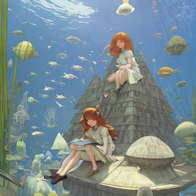 Prompt: Jessie Willcox Smith, Kate Greenaway, Charles Doyle, animesque　surreal　absurderes　wondrous　strange　Whimsical　Sci-Fi Fantasy　Ecological pyramid　Miniskirt high school girl sitting at the top of the pyramid, perfect body, phytoplankton、Large aquatic plants、zooplankton、Bottom-growing organisms、fishes、鳥類 hyperdetailed high resolution high quality high definition masterpiece